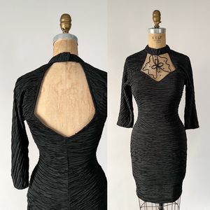 VTG 80s 90s Black Mock Sheer Illusion Neck Open Back Bodycon Sheath Dress XS